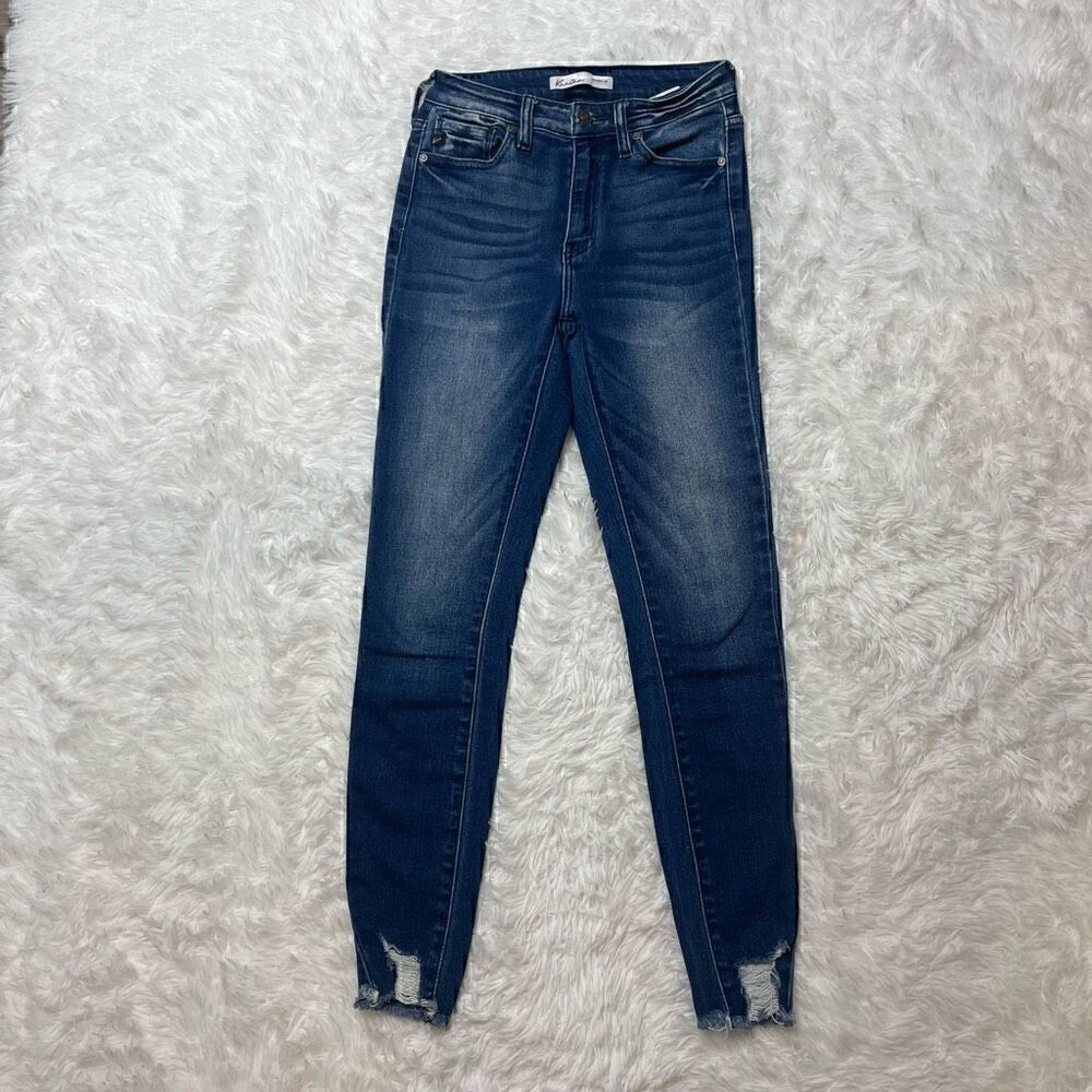 KanCan Skinny Jeans High Rise Distressed Raw Hem Stretch Dark Wash Size 25
